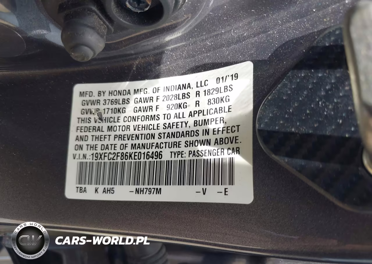 2019 Honda Civic Sport VIN:19XFC2F86KE016496 - 9