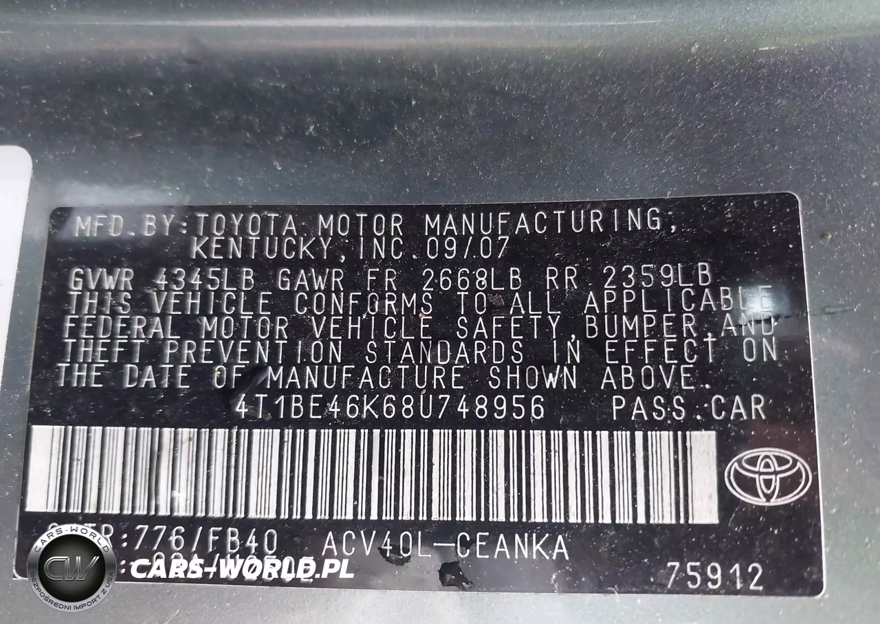 2008 Toyota Camry Le VIN:4T1BE46K68U748956 - 9