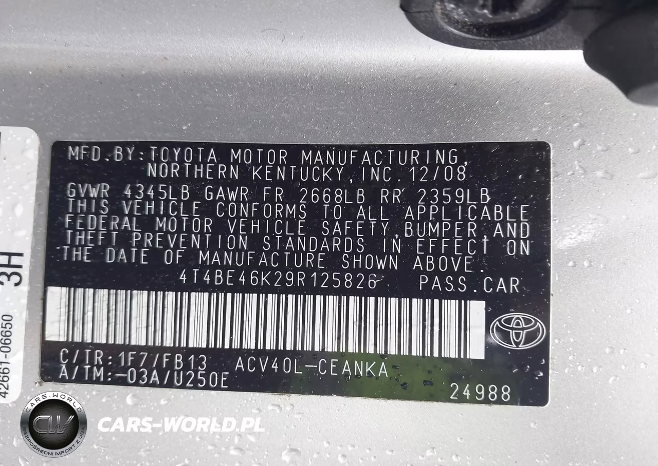2009 Toyota Camry VIN:4T4BE46K29R125826 - 9