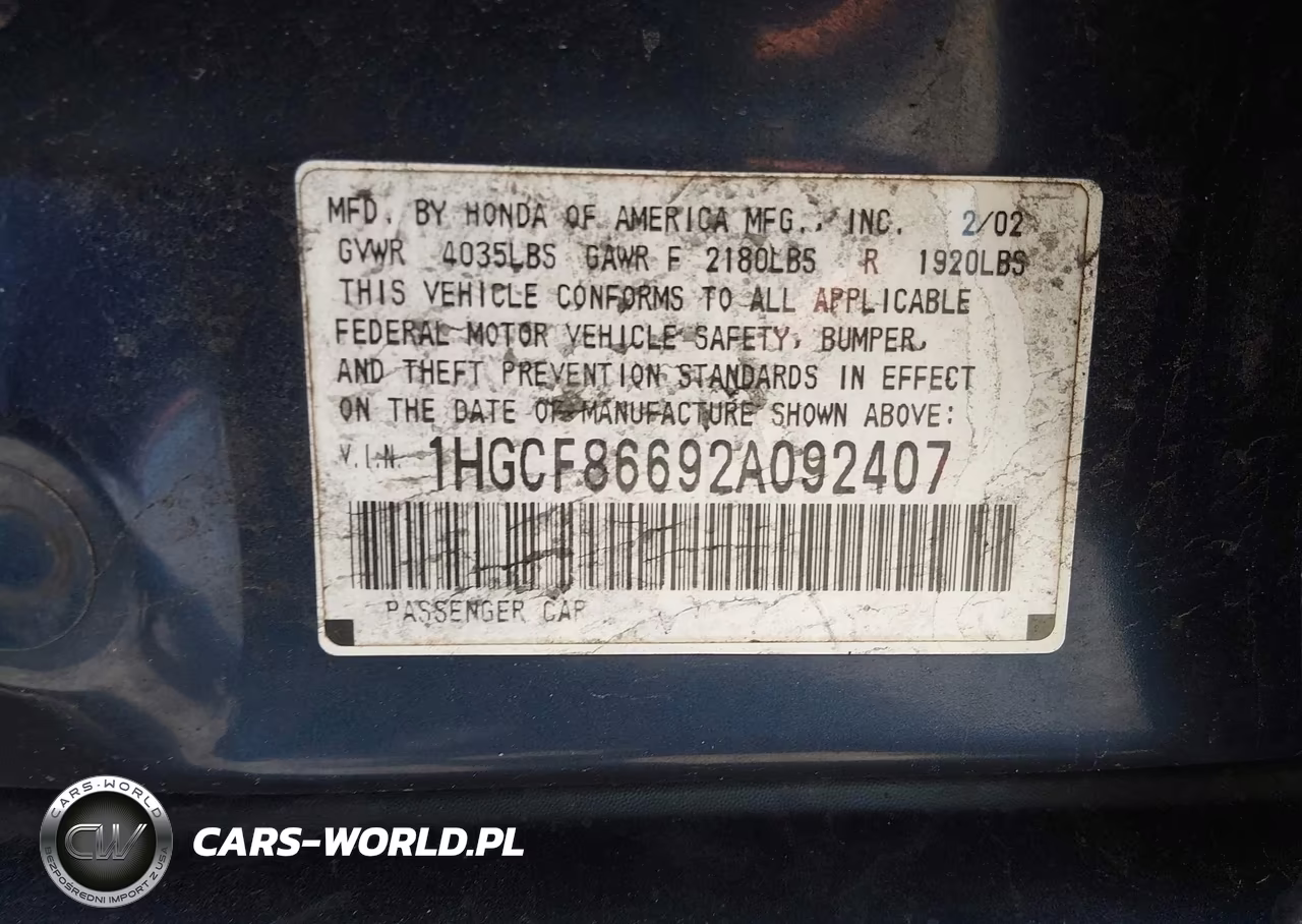 2002 Honda Accord 2.3 Vp VIN:1HGCF86692A092407 - 9
