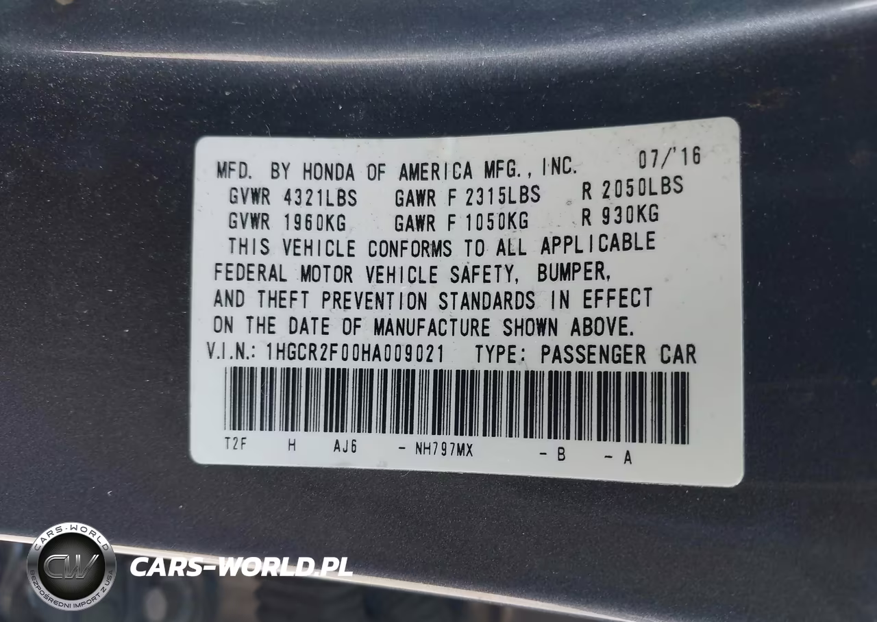 2017 Honda Accord Ex VIN:1HGCR2F00HA009021 - 9