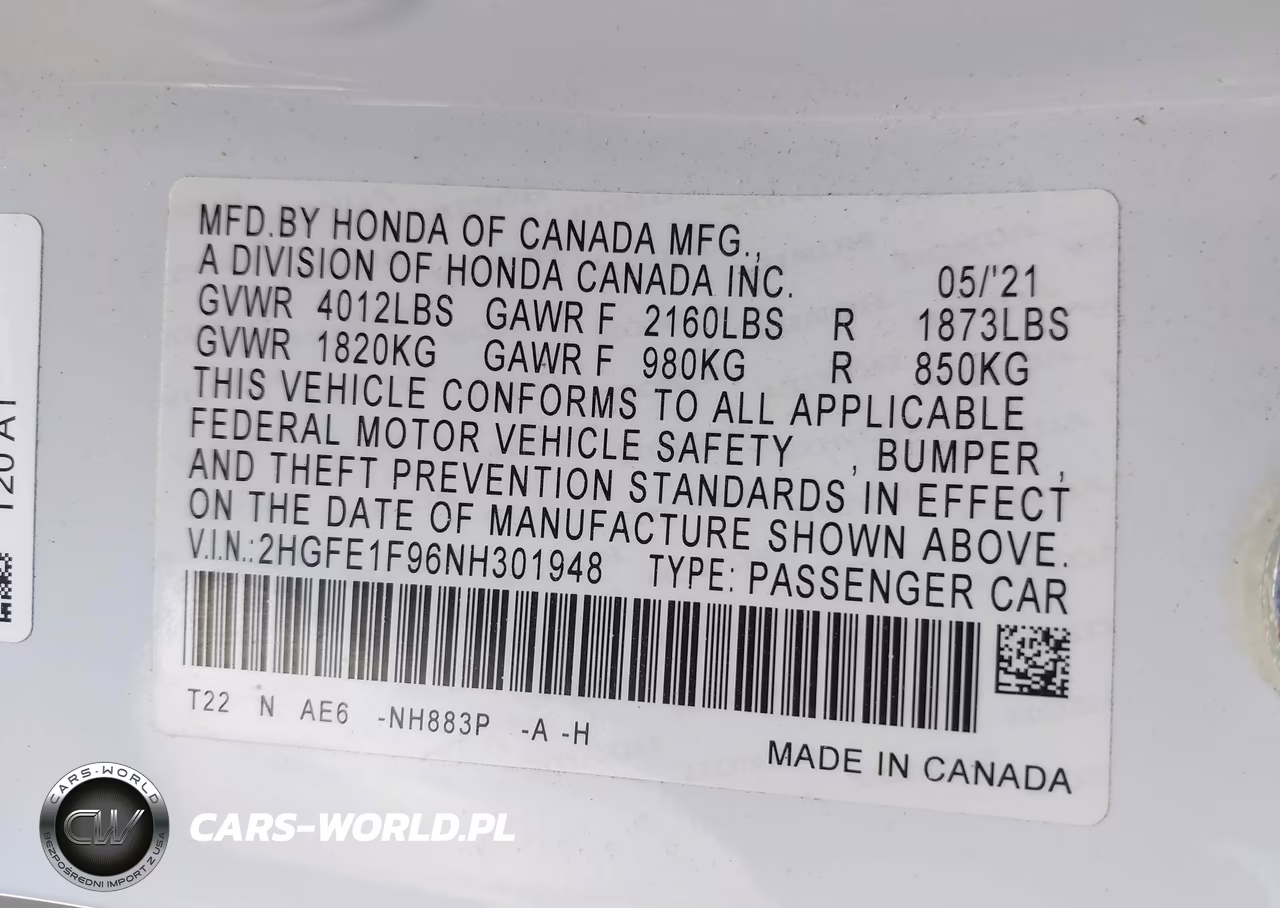 2022 Honda Civic Touring VIN:2HGFE1F96NH301948 - 9
