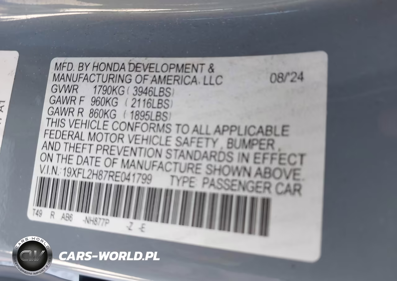 2024 Honda Civic Sport VIN:19XFL2H87RE041799 - 9
