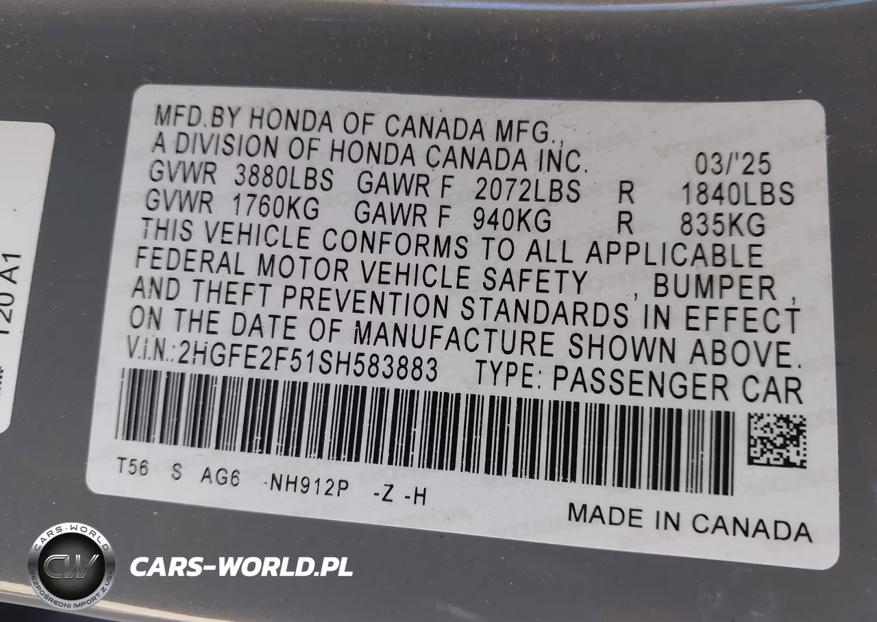 2025 Honda Civic Sport VIN:2HGFE2F51SH583883 - 9