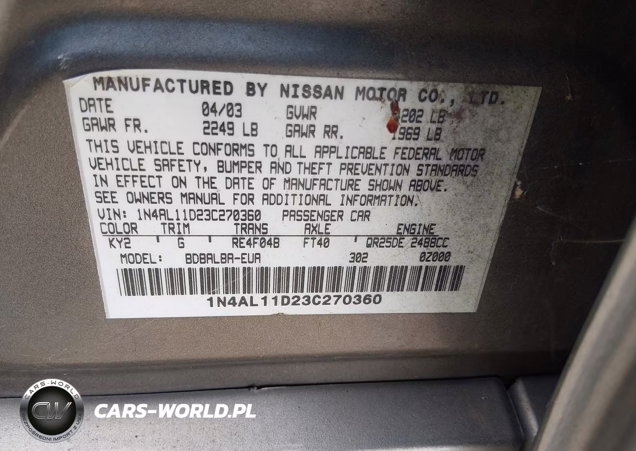 2003 Nissan Altima 2.5 S VIN:1N4AL11D23C270360 - 9