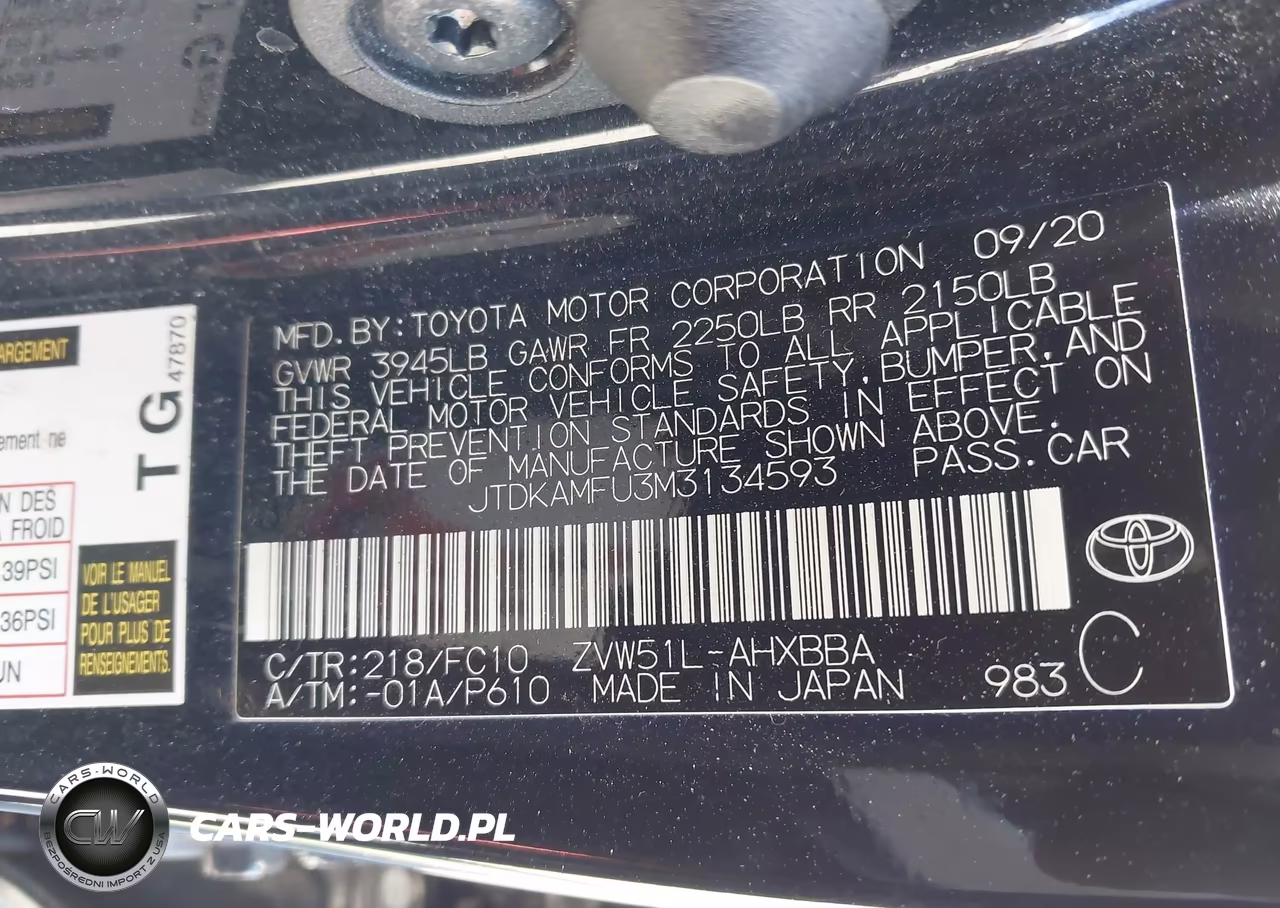 2021 Toyota Prius L Eco VIN:JTDKAMFU3M3134593 - 9