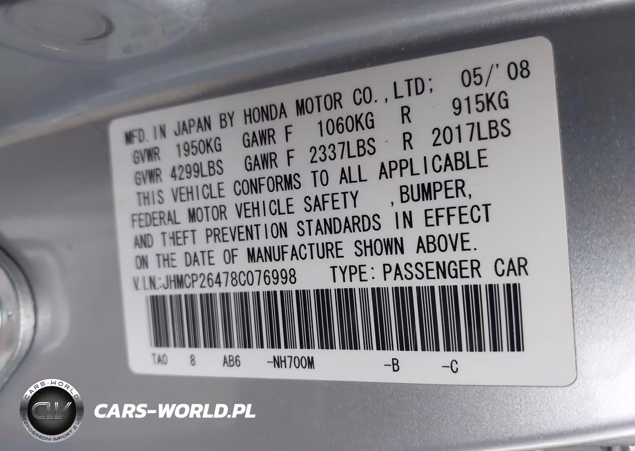 2008 Honda Accord 2.4 Lx-P VIN:JHMCP26478C076998 - 9