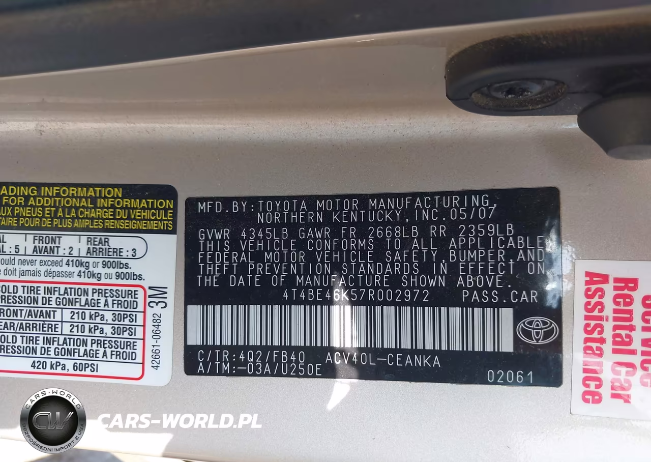 2007 Toyota Camry Le VIN:4T4BE46K57R002972 - 9