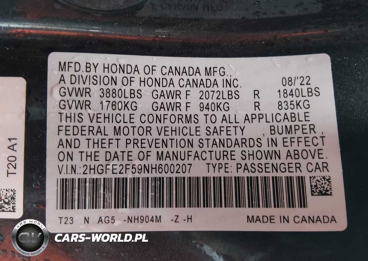 2022 Honda Civic Sport VIN:2HGFE2F59NH600207 - 9