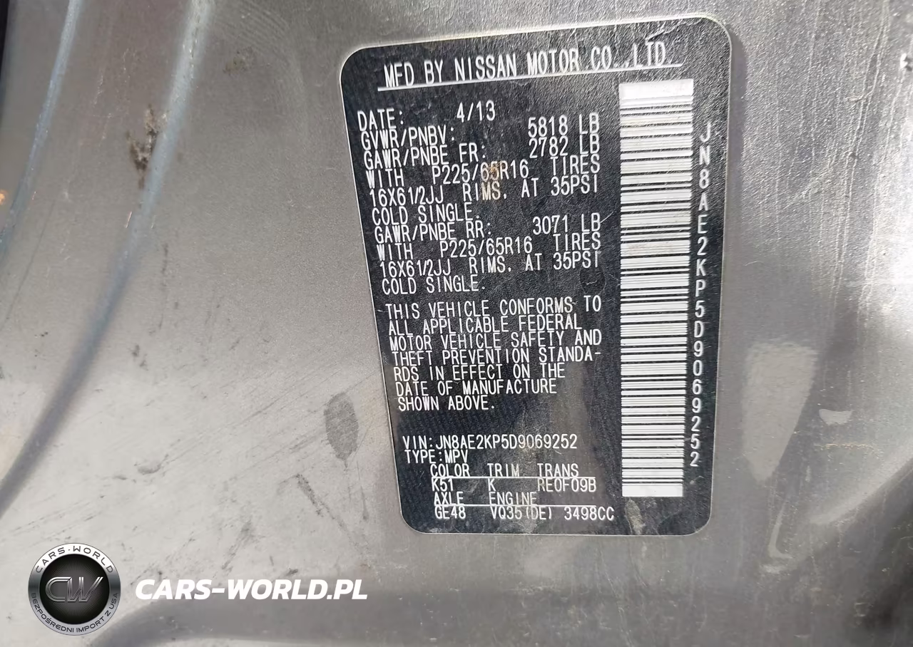 2013 Nissan Quest S VIN:JN8AE2KP5D9069252 - 9