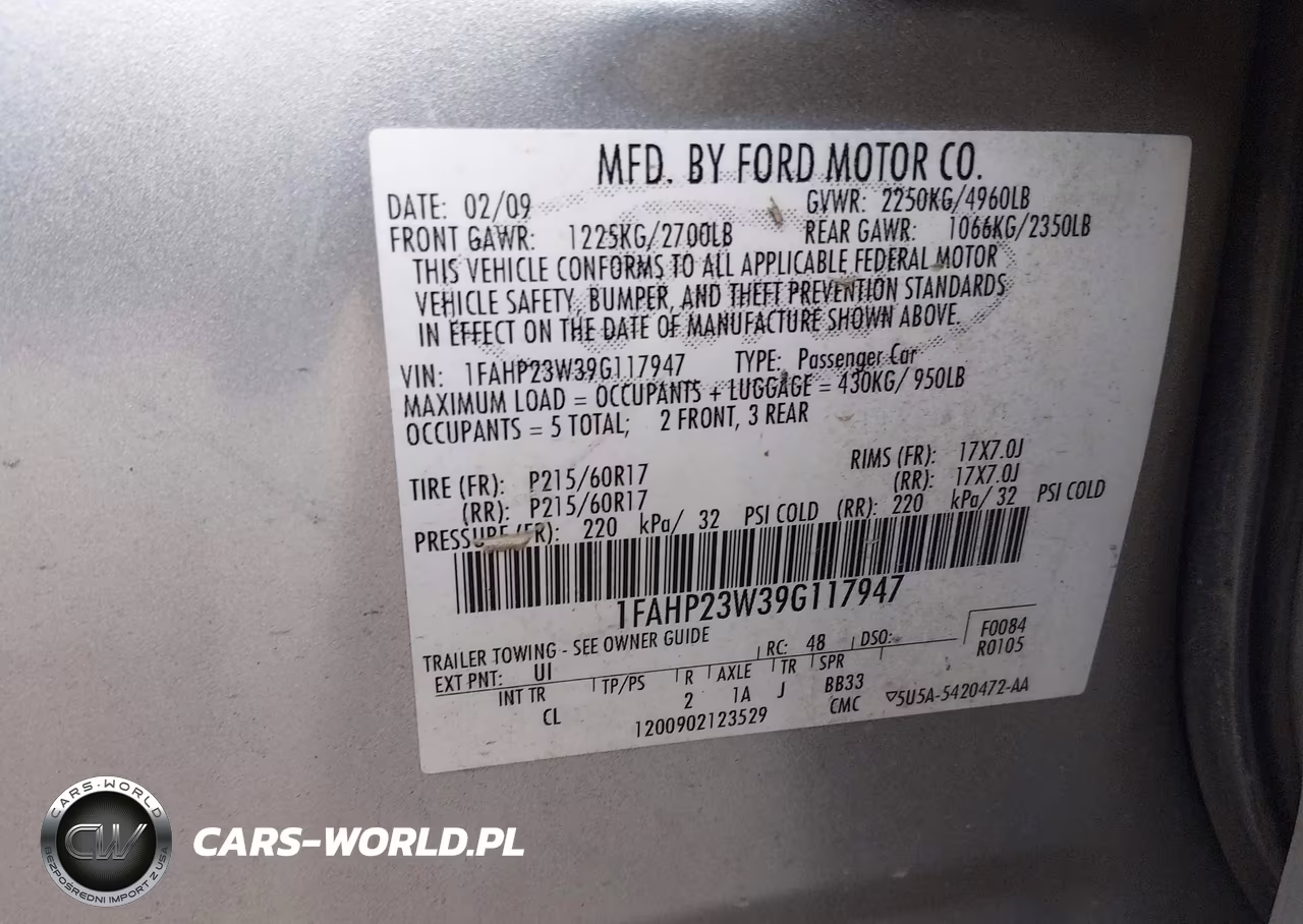 2009 Ford Taurus Se VIN:1FAHP23W39G117947 - 9