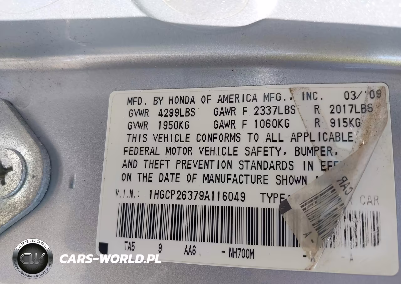 2009 Honda Accord 2.4 Lx VIN:1HGCP26379A116049 - 9