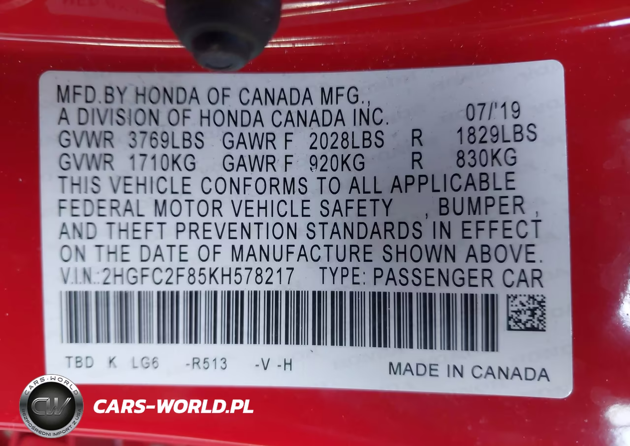 2019 Honda Civic Sport VIN:2HGFC2F85KH578217 - 9