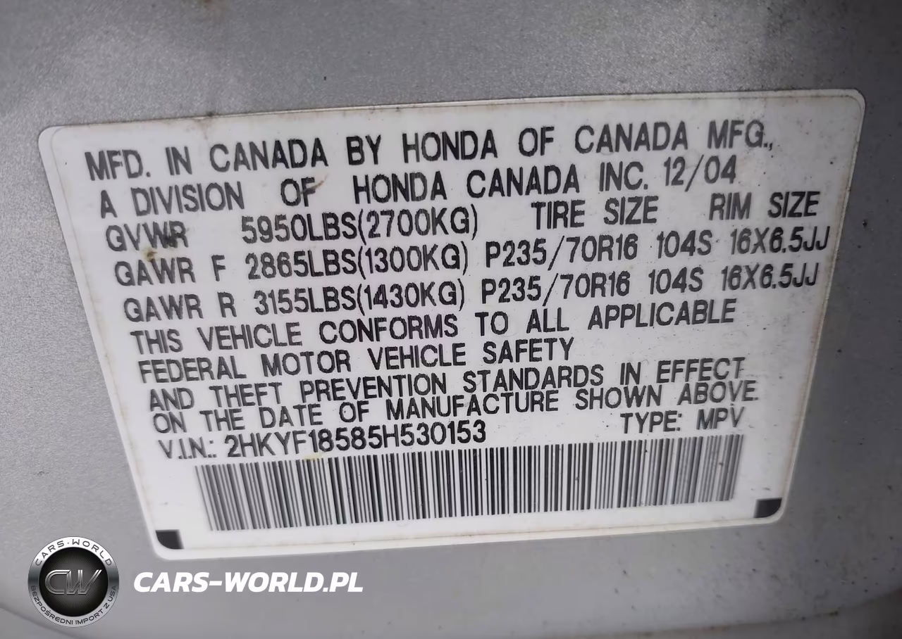 2005 Honda Pilot Ex-L VIN:2HKYF18585H530153 - 9