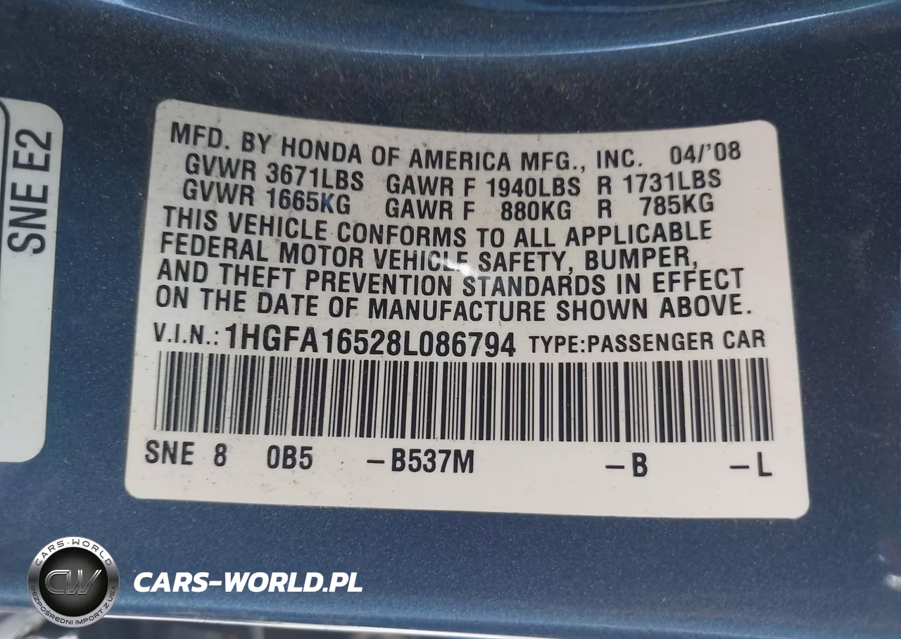 2008 Honda Civic Lx VIN:1HGFA16528L086794 - 9