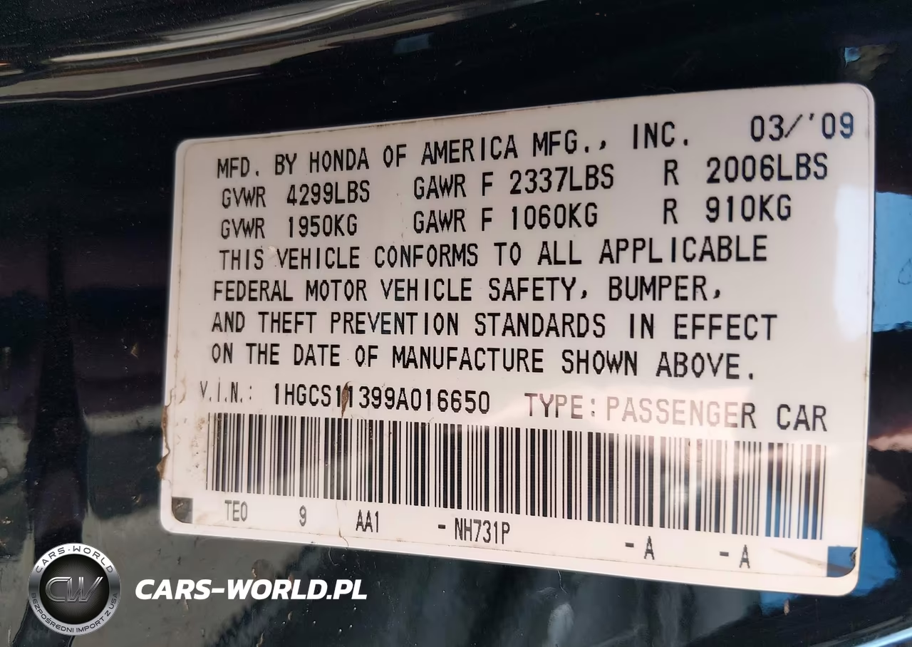 2009 Honda Accord 2.4 Lx-S VIN:1HGCS11399A016650 - 9