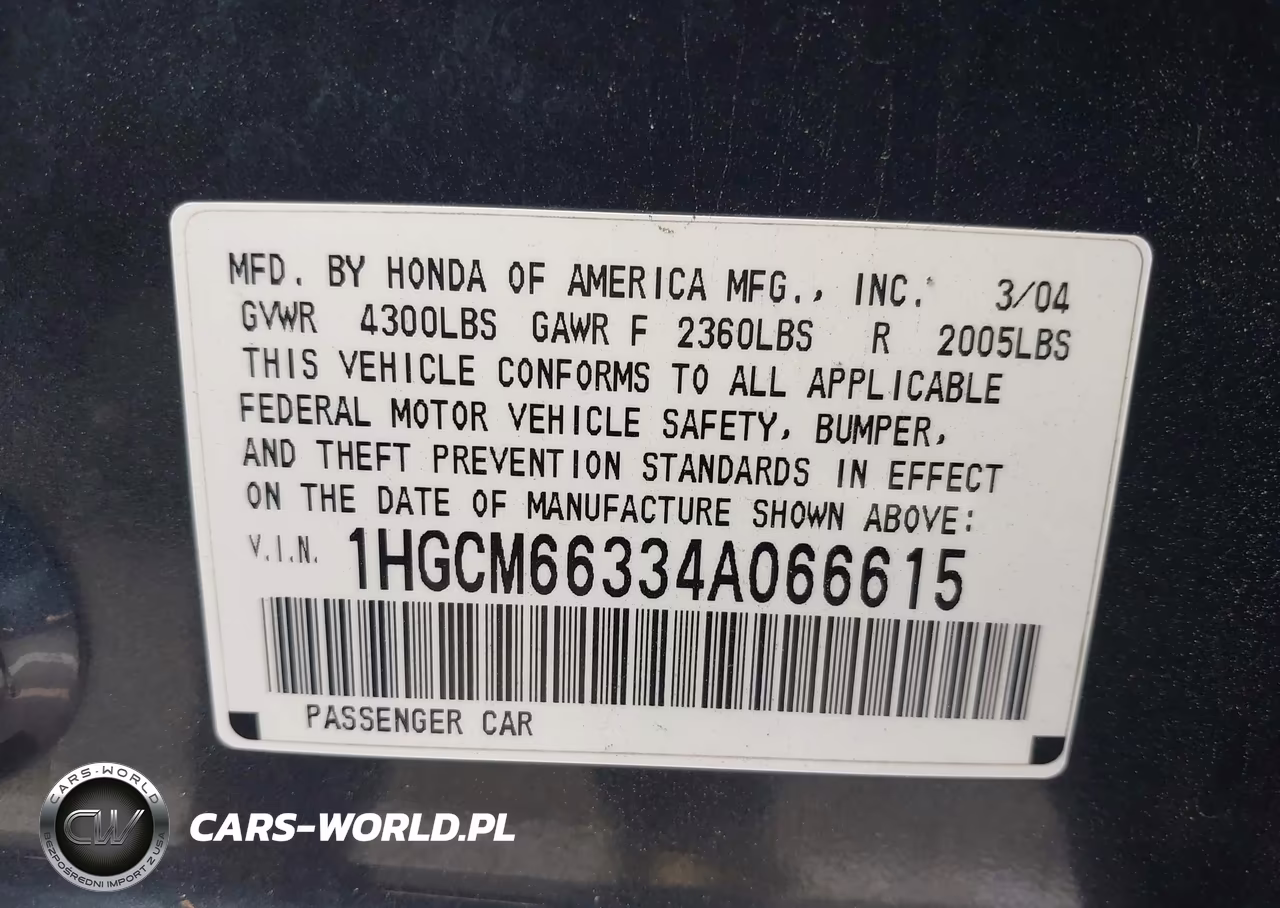 2004 Honda Accord 3.0 Lx VIN:1HGCM66334A066615 - 9