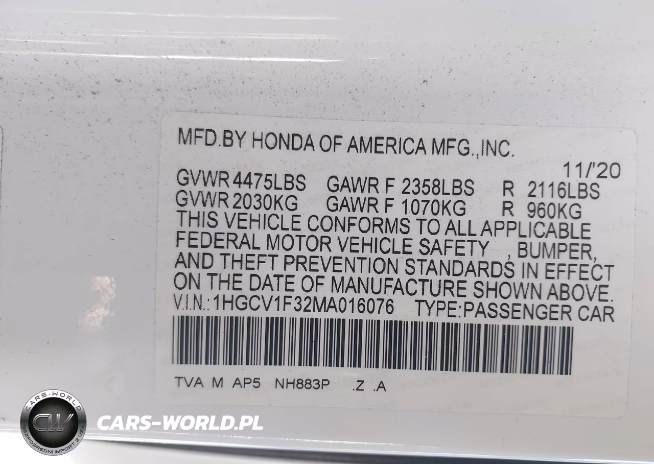 2021 Honda Accord Sport VIN:1HGCV1F32MA016076 - 9