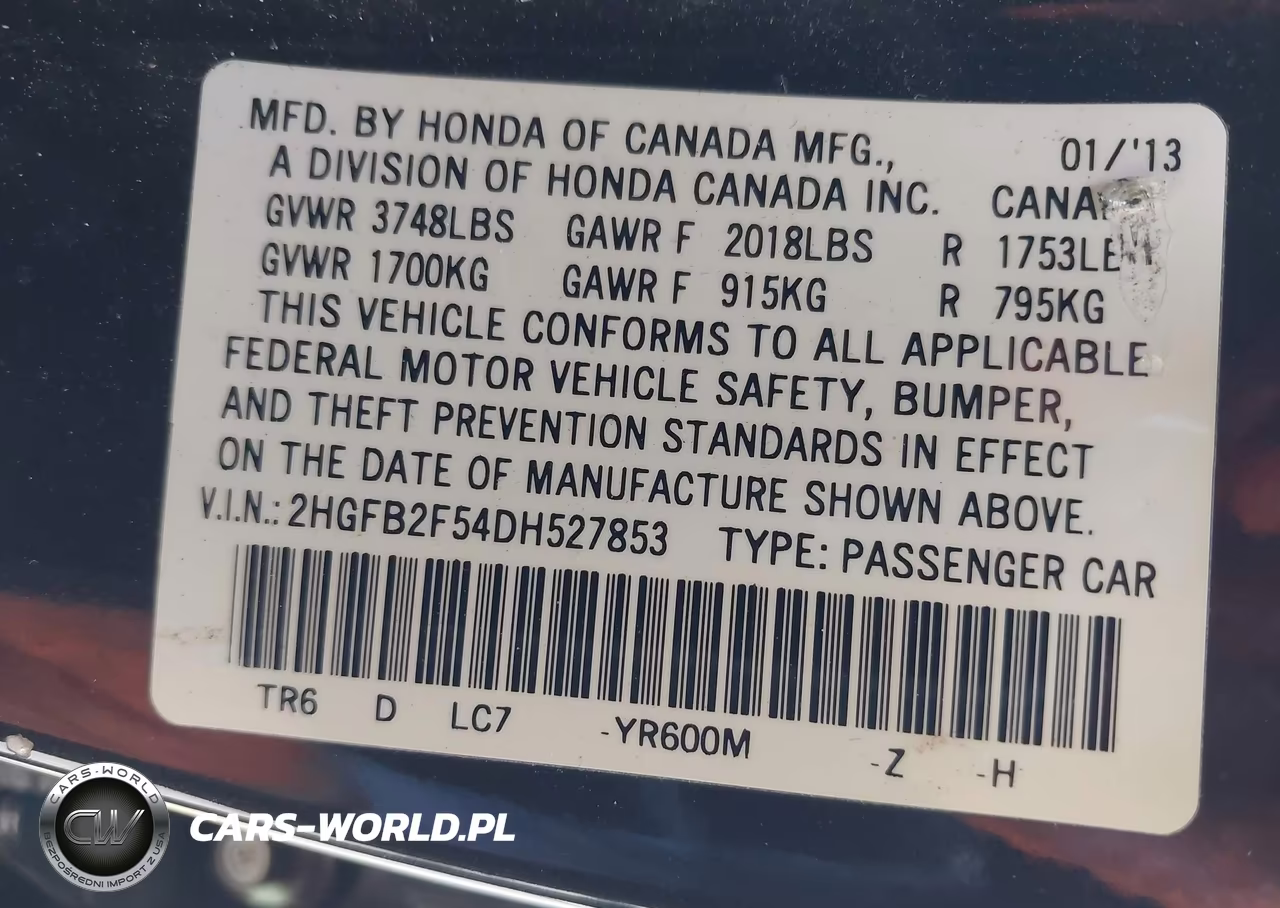 2013 Honda Civic Lx VIN:2HGFB2F54DH527853 - 9