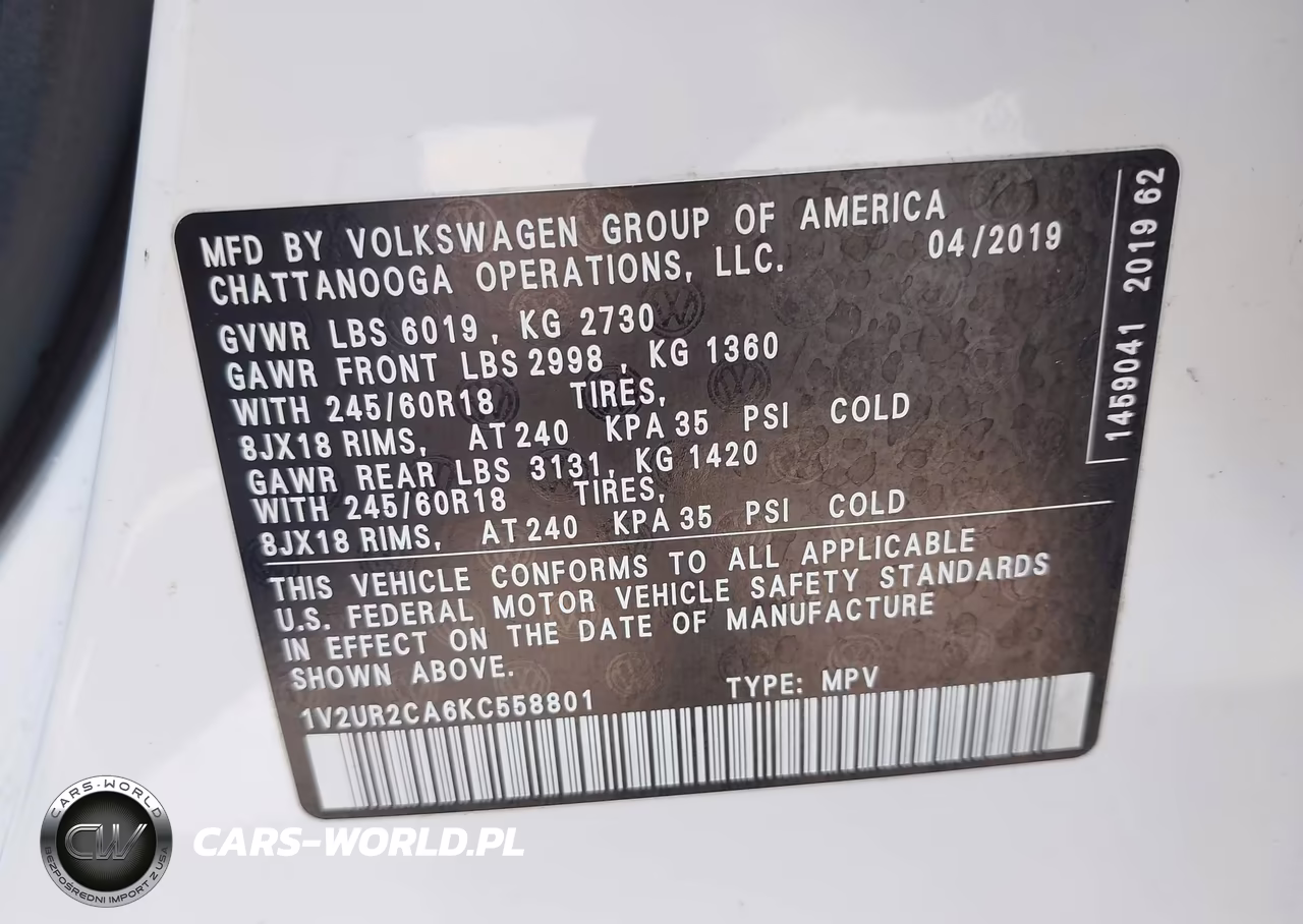 2019 Volkswagen Atlas 3.6L V6 Se W-Technology VIN:1V2UR2CA6KC558801 - 9