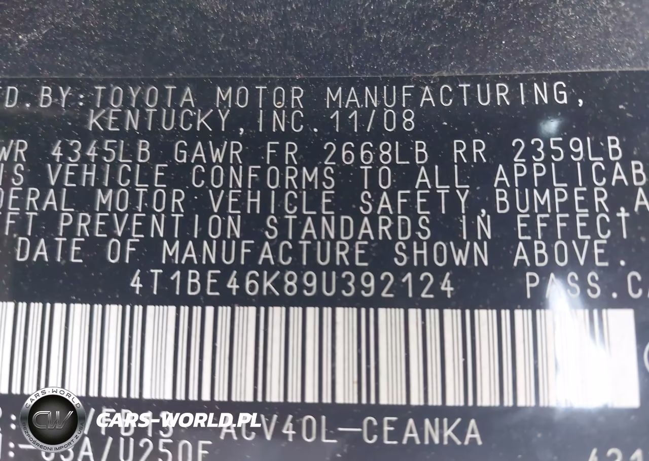 2009 Toyota Camry Le VIN:4T1BE46K89U392124 - 9