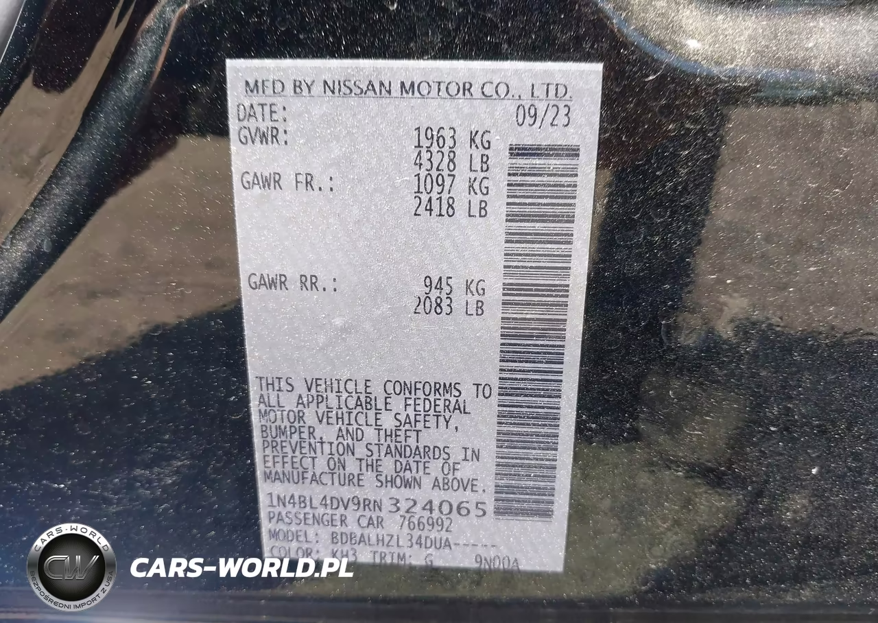 2024 Nissan Altima Sv Fwd VIN:1N4BL4DV9RN324065 - 9