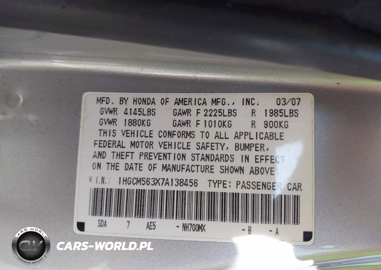 2007 Honda Accord 2.4 Se VIN:1HGCM563X7A138456 - 9