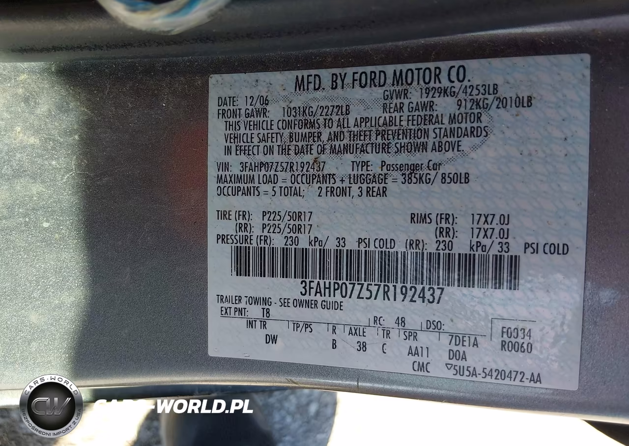 2007 Ford Fusion Se VIN:3FAHP07Z57R192437 - 9