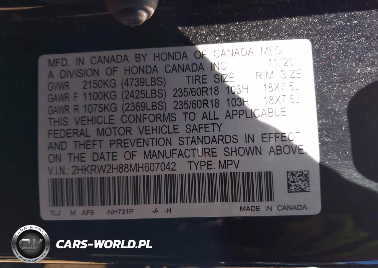 2021 Honda Cr-V Awd Ex-L VIN:2HKRW2H88MH607042 - 9