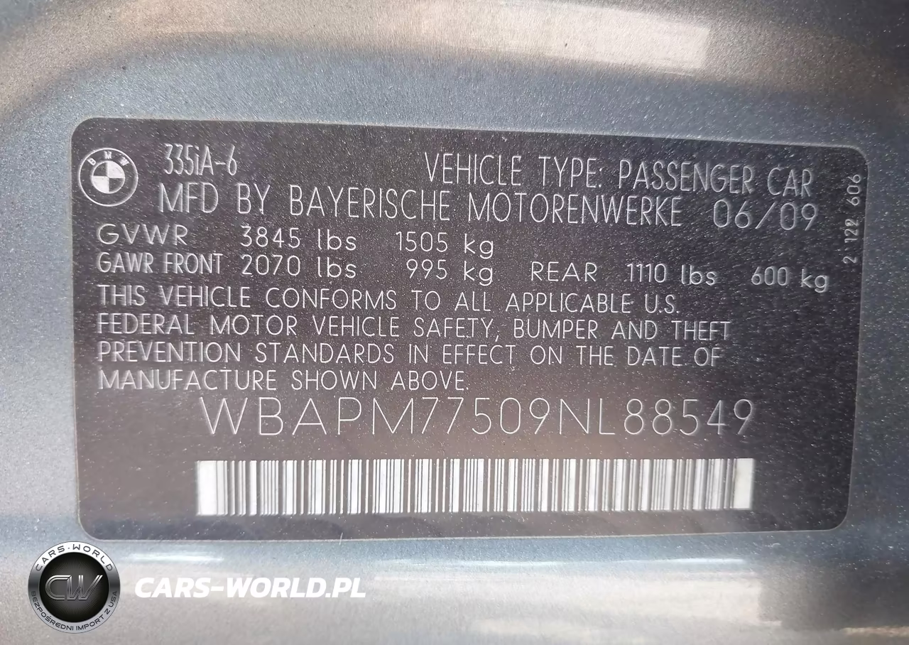 2009 BMW 335I VIN:WBAPM77509NL88549 - 9