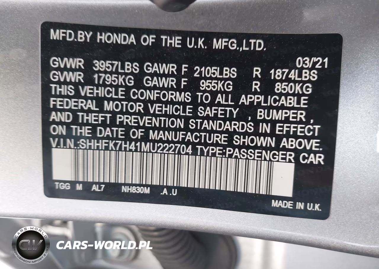 2021 Honda Civic Sport VIN:SHHFK7H41MU222704 - 9