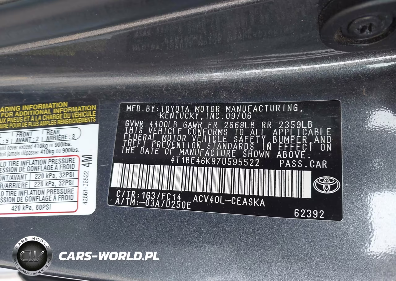 2007 Toyota Camry Se VIN:4T1BE46K97U595522 - 9