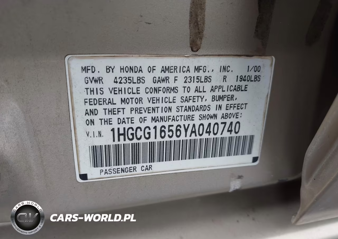 2000 Honda Accord 3.0 Ex VIN:1HGCG1656YA040740 - 9