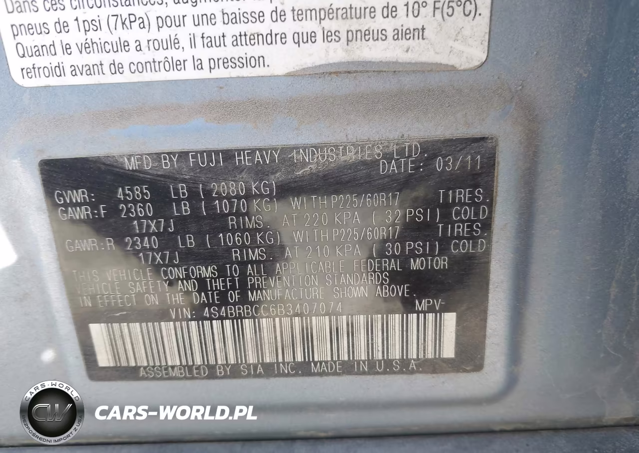 2011 Subaru Outback 2.5I Premium VIN:4S4BRBCC6B3407074 - 9