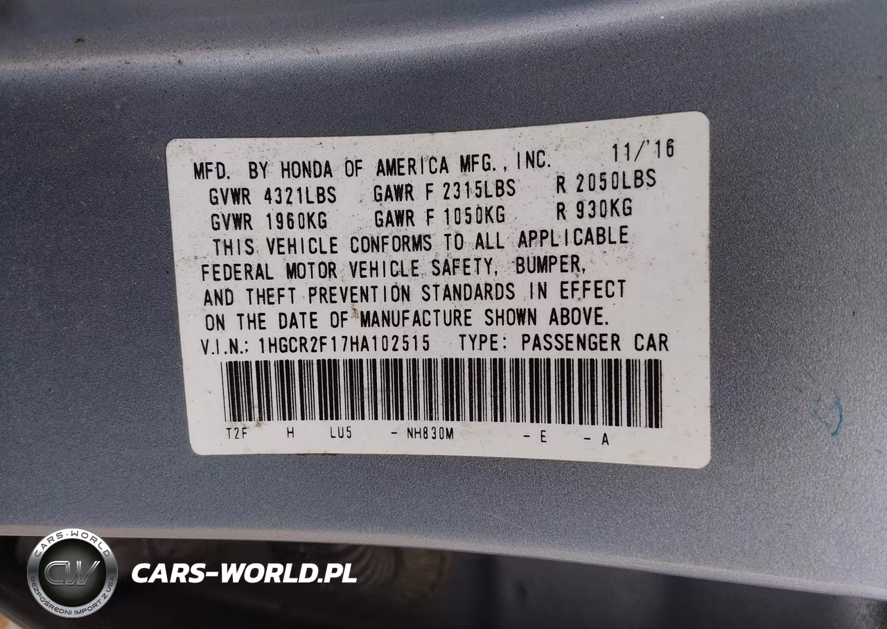 2017 Honda Accord Sport Se VIN:1HGCR2F17HA102515 - 9