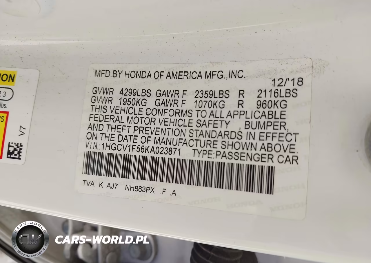 2019 Honda Accord Ex-L VIN:1HGCV1F56KA023871 - 9