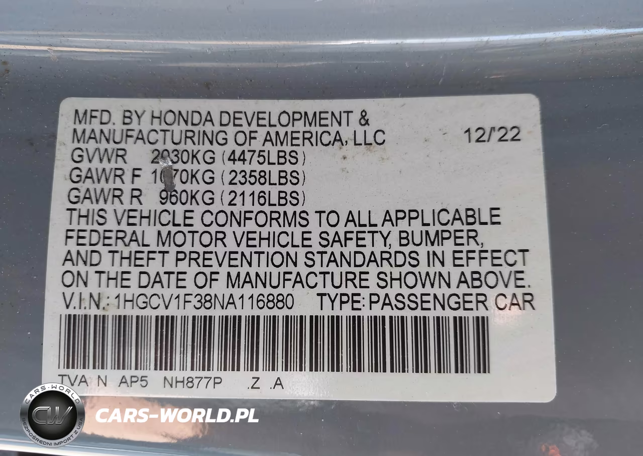 2022 Honda Accord Sport VIN:1HGCV1F38NA116880 - 9