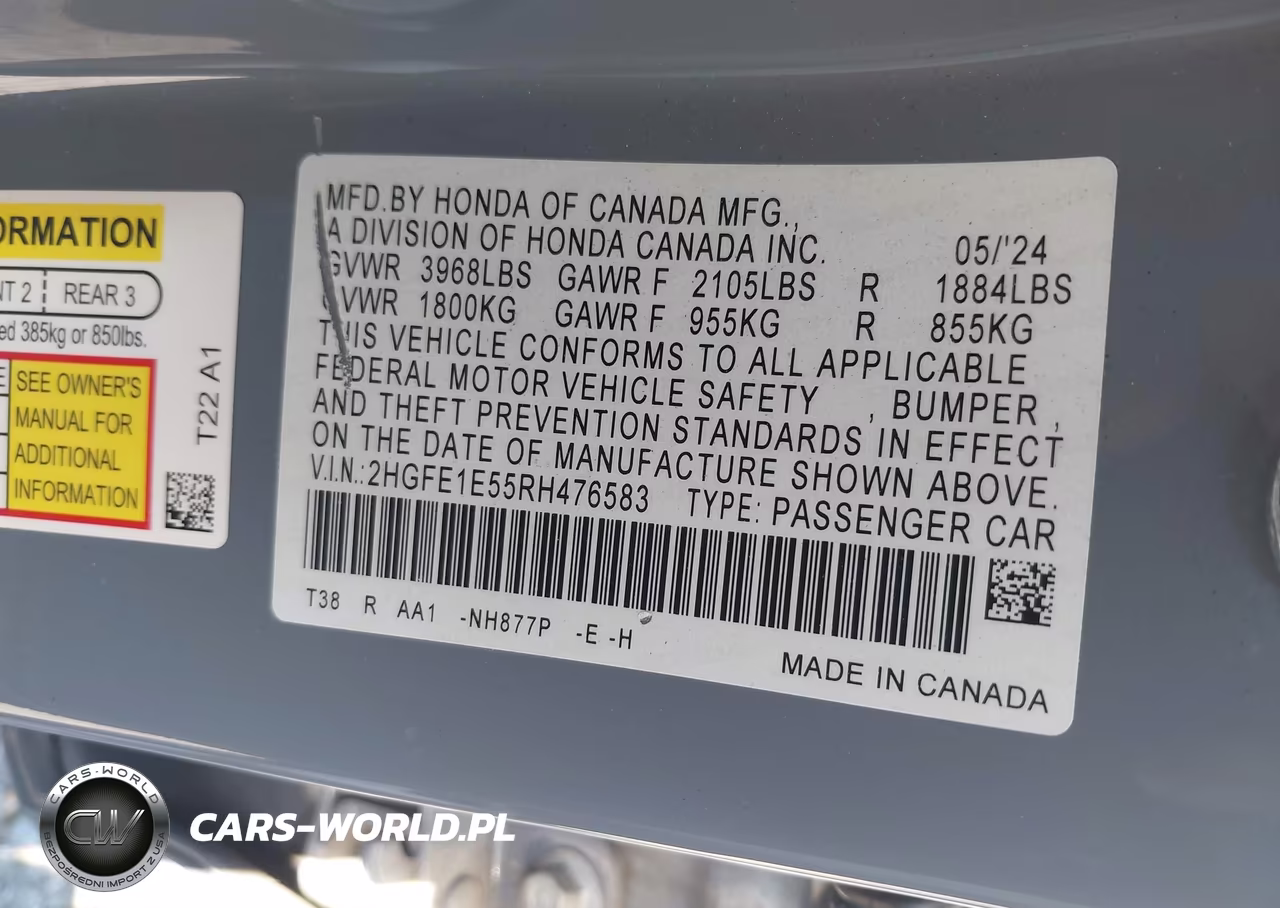 2024 Honda Civic Si Sedan VIN:2HGFE1E55RH476583 - 9