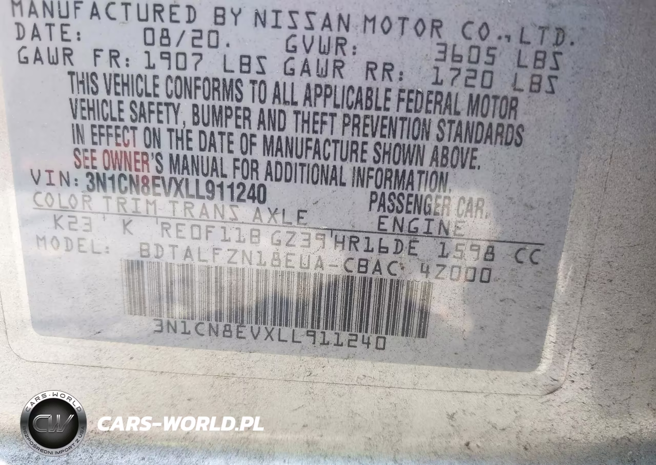 2020 Nissan Versa Sv Xtronic Cvt VIN:3N1CN8EVXLL911240 - 9