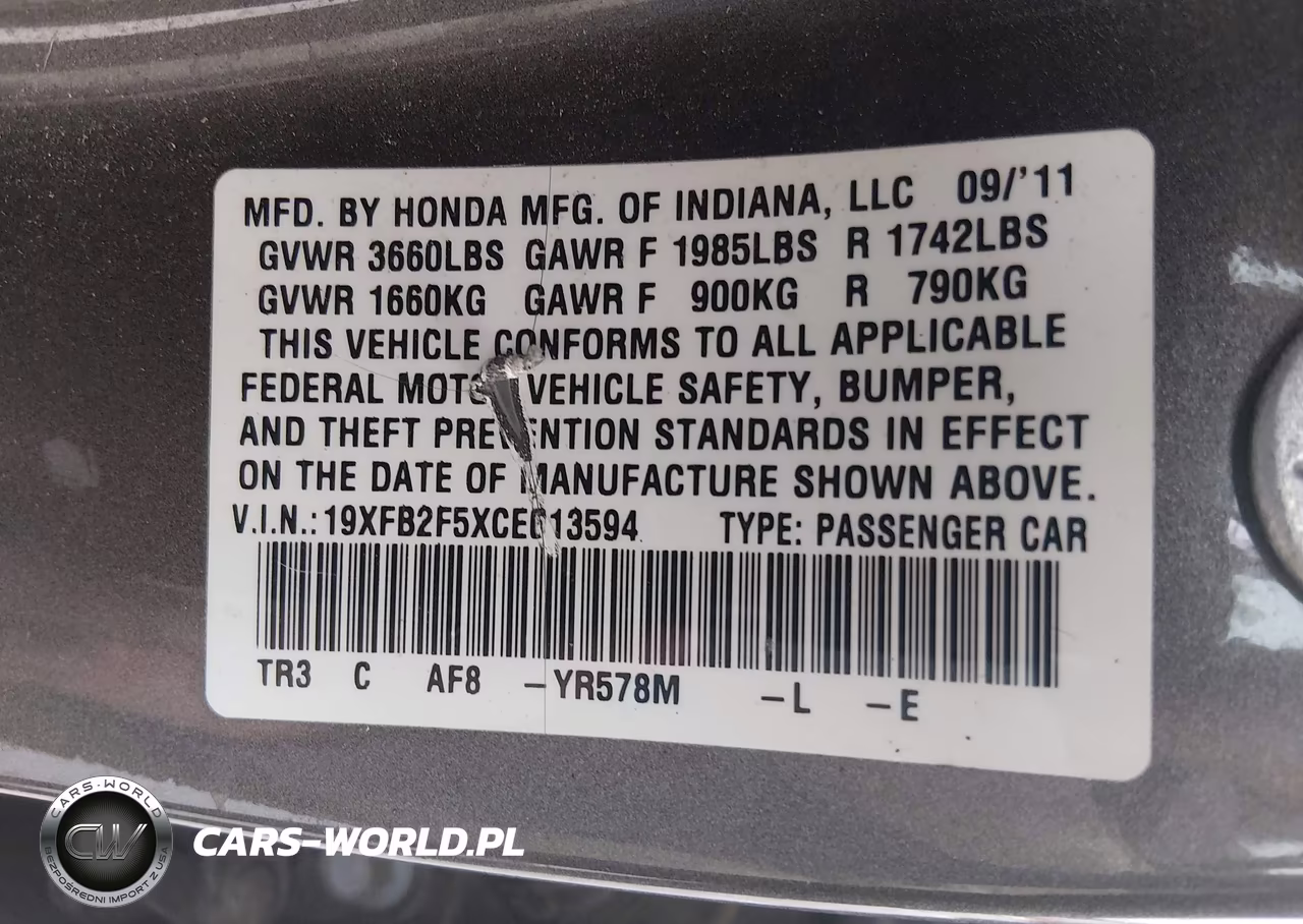 2012 Honda Civic Lx VIN:19XFB2F5XCE013594 - 9