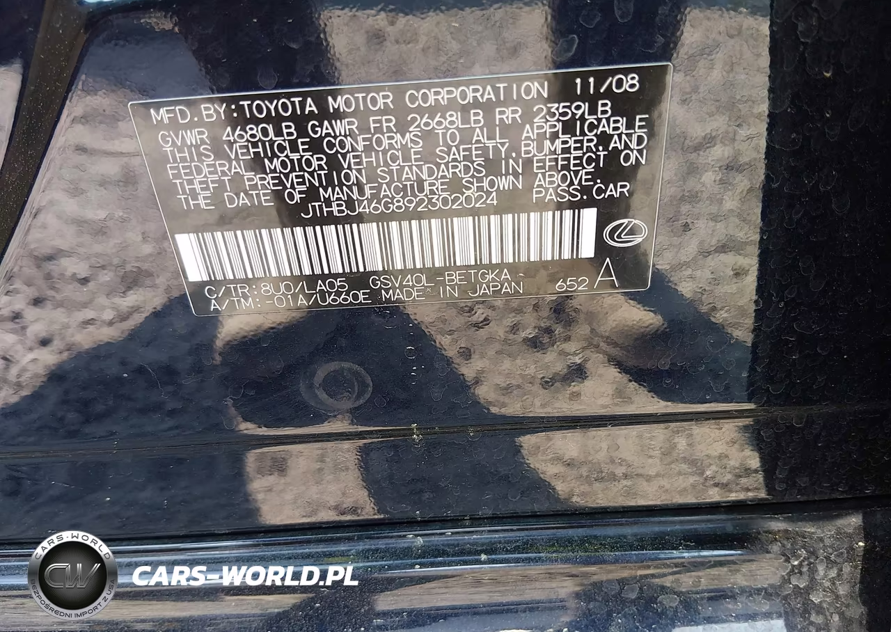 2009 Lexus Es 350 VIN:JTHBJ46G892302024 - 9