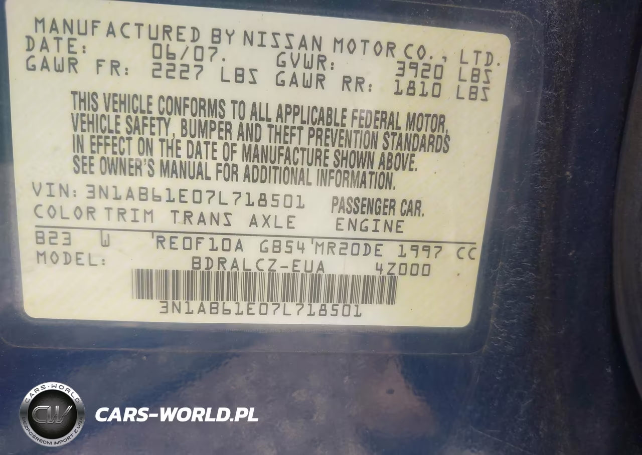 2007 Nissan Sentra 2.0 VIN:3N1AB61E07L718501 - 9