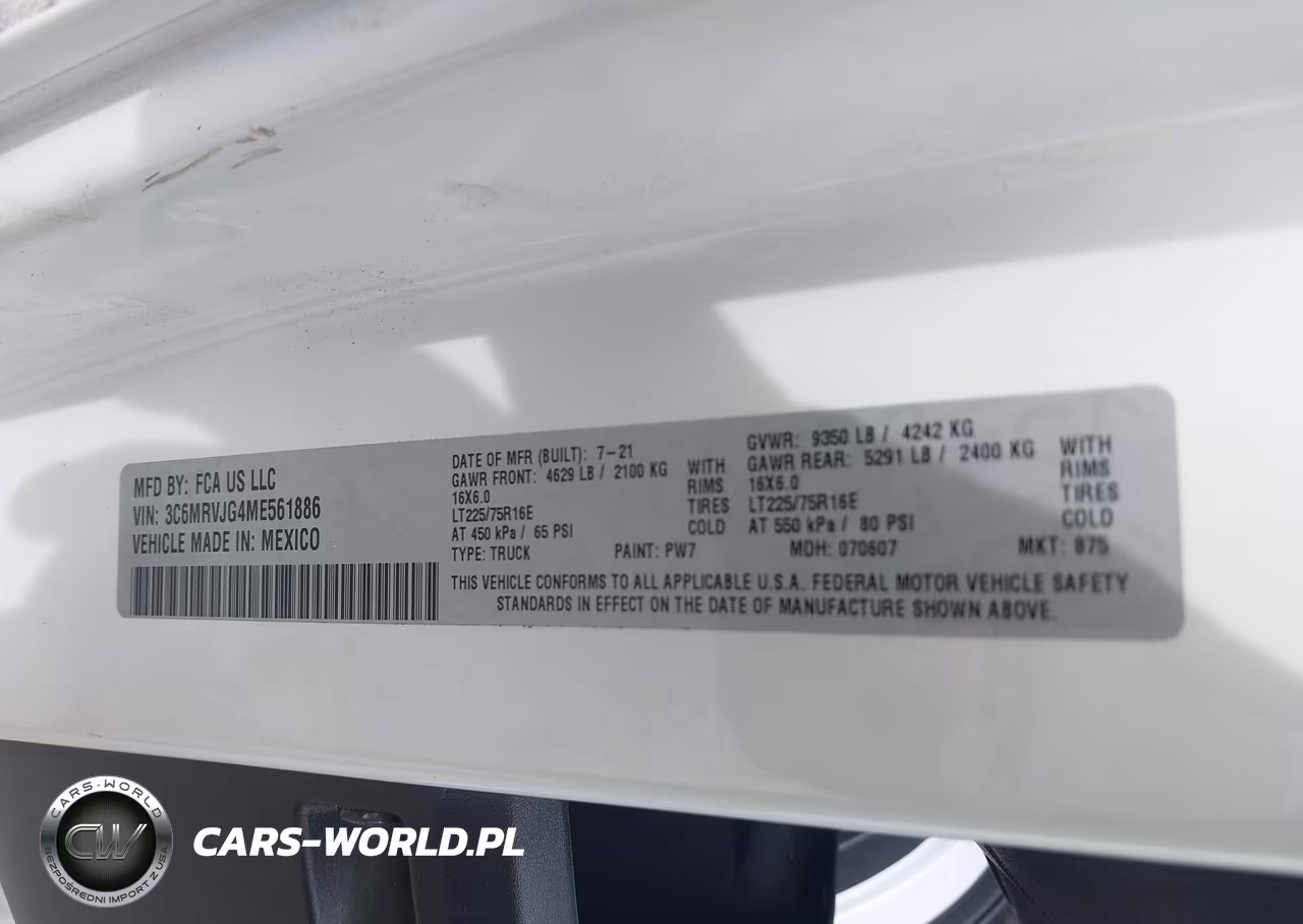 2021 Ram Promaster 3500 Cargo Van High Roof 159 Wb Ext VIN:3C6MRVJG4ME561886 - 9