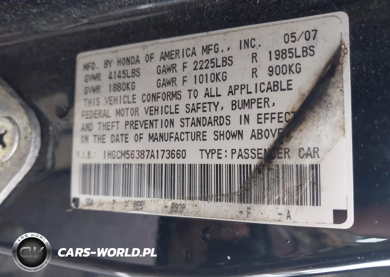 2007 Honda Accord 2.4 Se VIN:1HGCM56387A173660 - 9