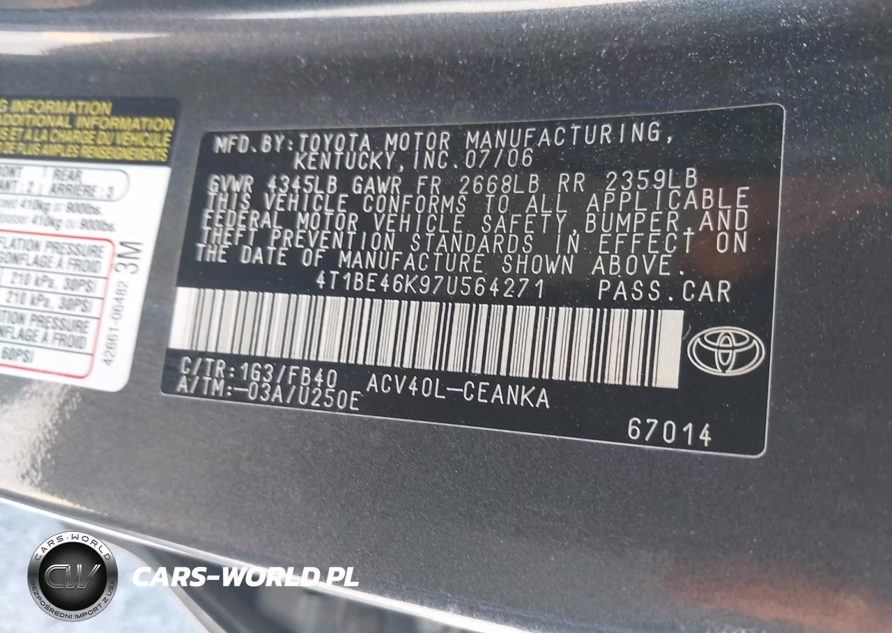 2007 Toyota Camry Le VIN:4T1BE46K97U564271 - 9