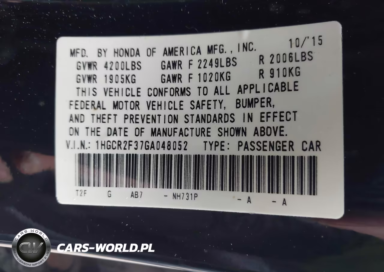 2016 Honda Accord Lx VIN:1HGCR2F37GA048052 - 9