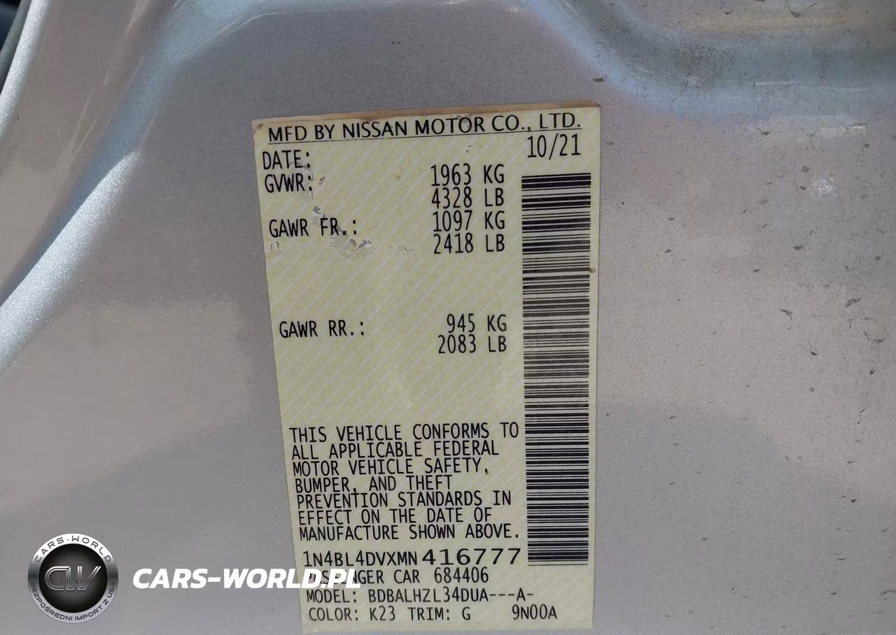 2021 Nissan Altima Sv Fwd VIN:1N4BL4DVXMN416777 - 9