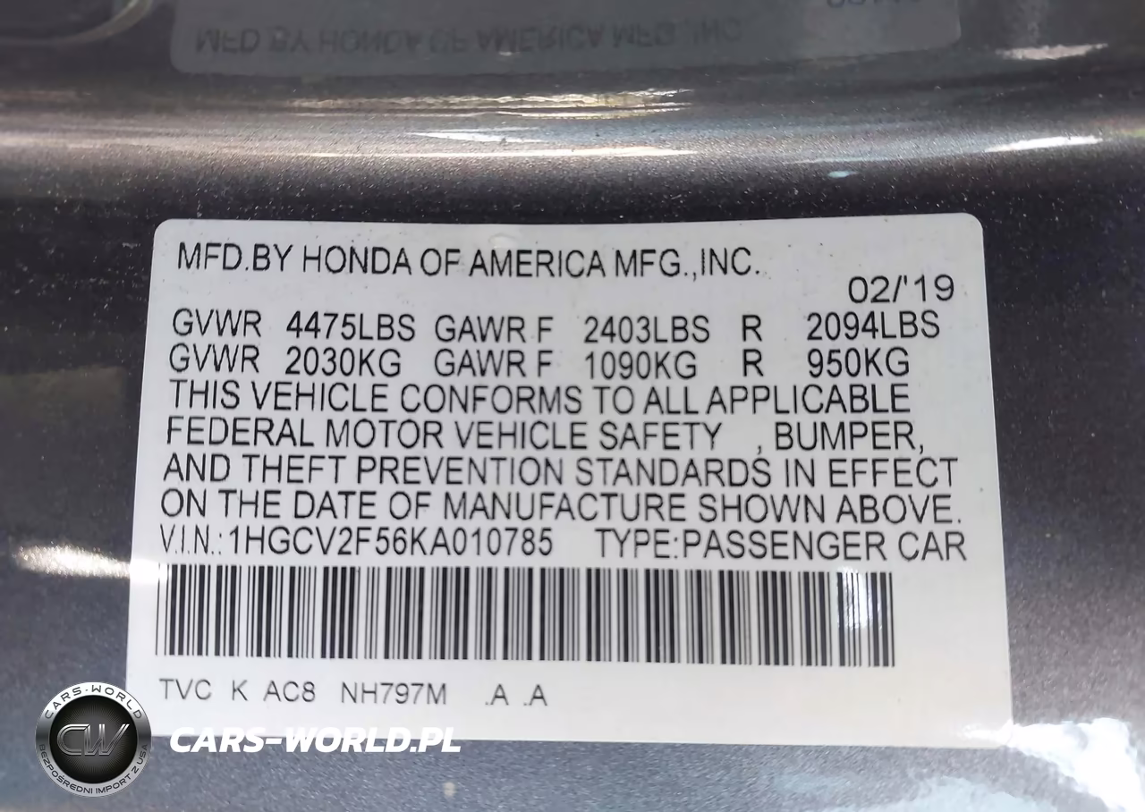 2019 Honda Accord Ex-L 2.0T VIN:1HGCV2F56KA010785 - 9