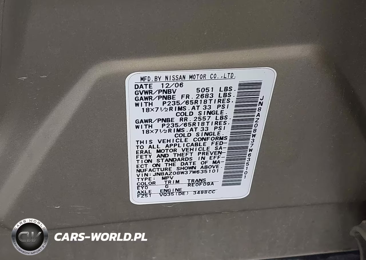 2007 Nissan Murano Sl VIN:JN8AZ08W37W635101 - 9