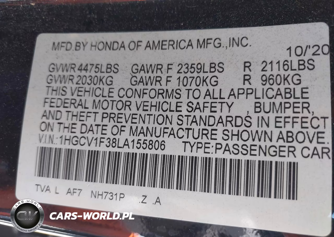 2020 Honda Accord Sport VIN:1HGCV1F38LA155806 - 9